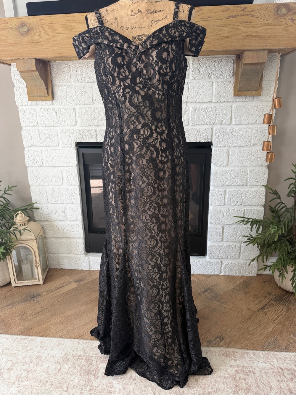R&M Richards Black Lace Off-Shoulder Evening Gown with Nude Lining